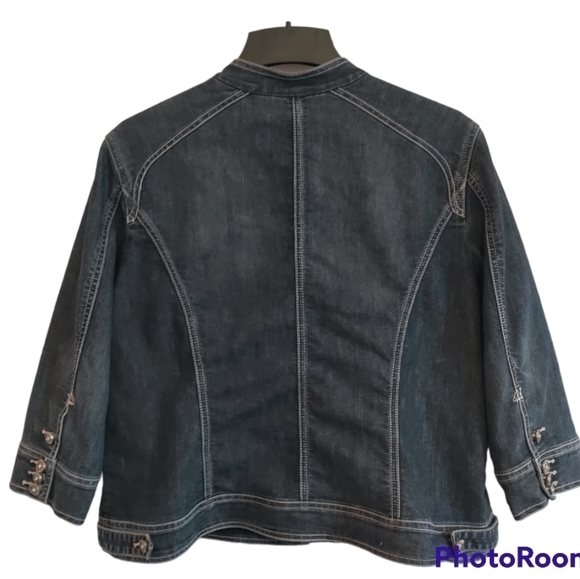 Chico's Platinum denim jean jacket mandarin collar button front  pockets  size 3 - Picture 2 of 7